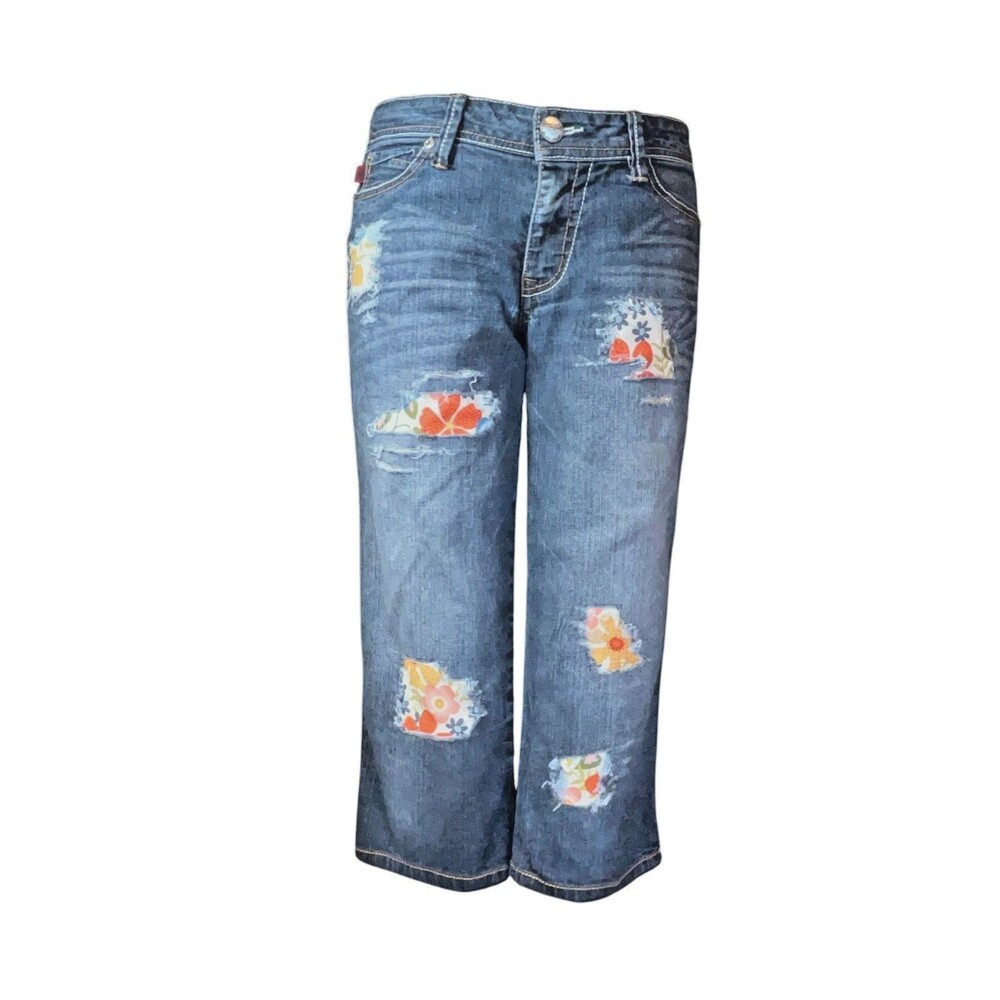 Fragile Capris 9 Distressed Boho Patches Low Rise Stretch Denim Flowers(W28 L17)